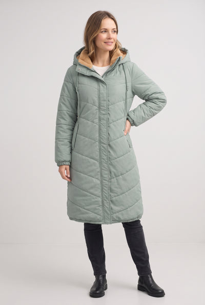 Women's Puffer Coat | Longline Hooded Chevron Quilted - Sage Green