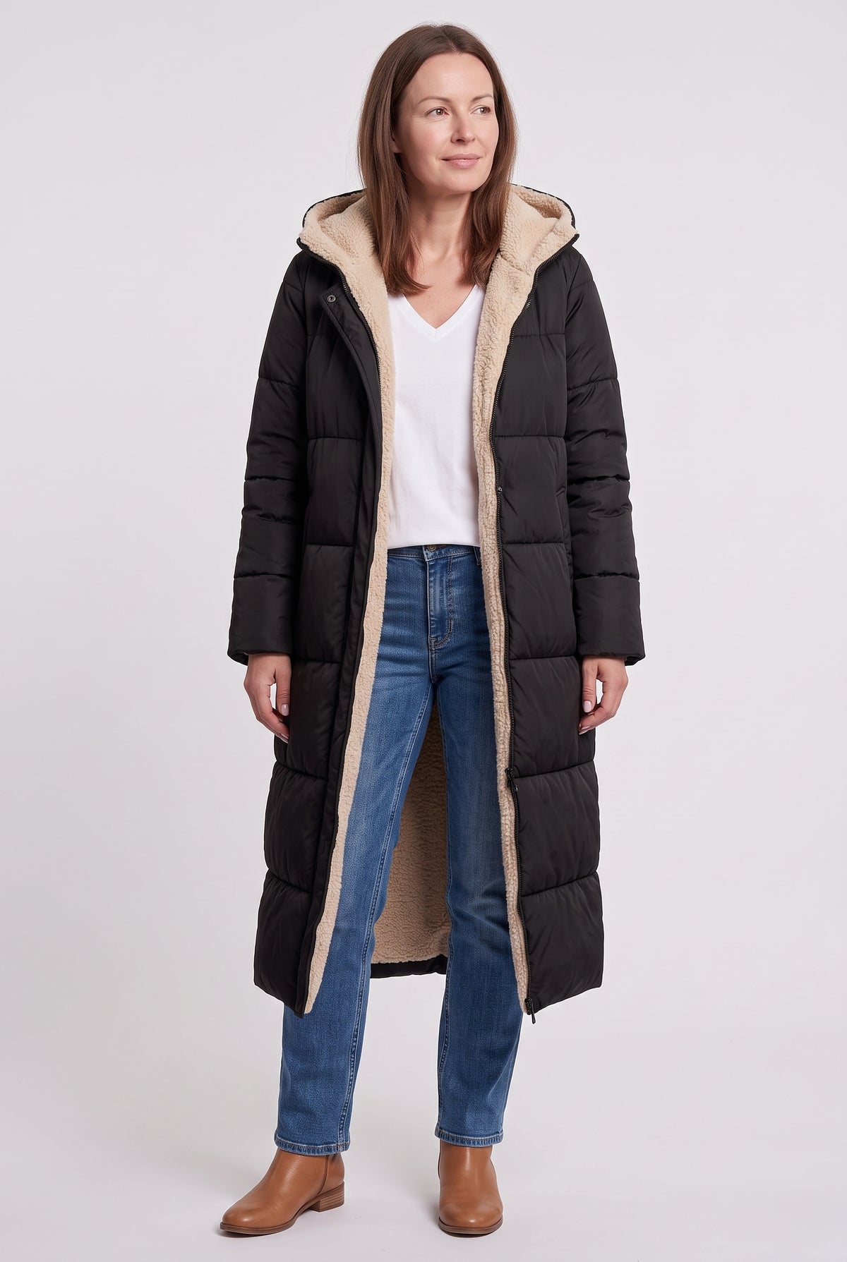 Women's Puffer Coat | Maxi Length with Borg-Lined Hood - Black