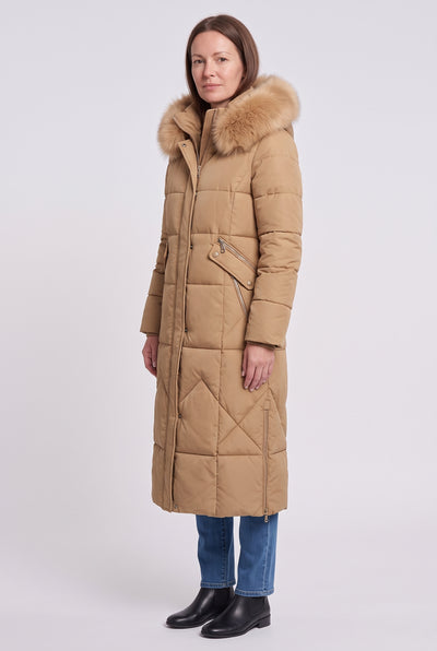 Women's Puffer Coat | Maxi Length with Faux Fur Trim Hood - Beige