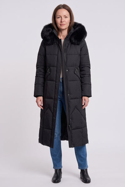 Women's Puffer Coat | Maxi Length with Faux Fur Trim Hood - Black