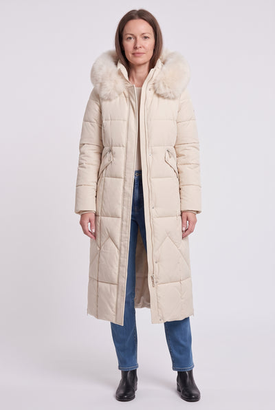 Women's Puffer Coat | Maxi Length with Faux Fur Trim Hood - Cream