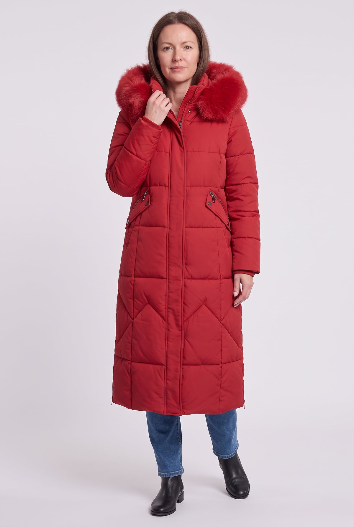 Women's Puffer Coat | Maxi Length with Faux Fur Trim Hood - Red