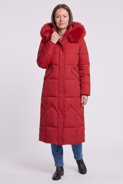 Women's Puffer Coat | Maxi Length with Faux Fur Trim Hood - Red