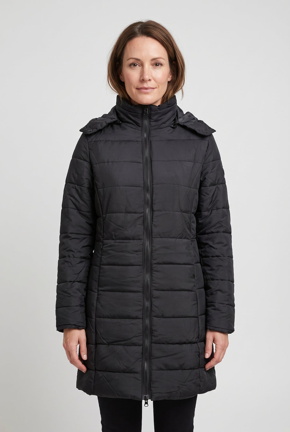 Women's Puffer Coat | Quilted Longline with Funnel Neck - Black