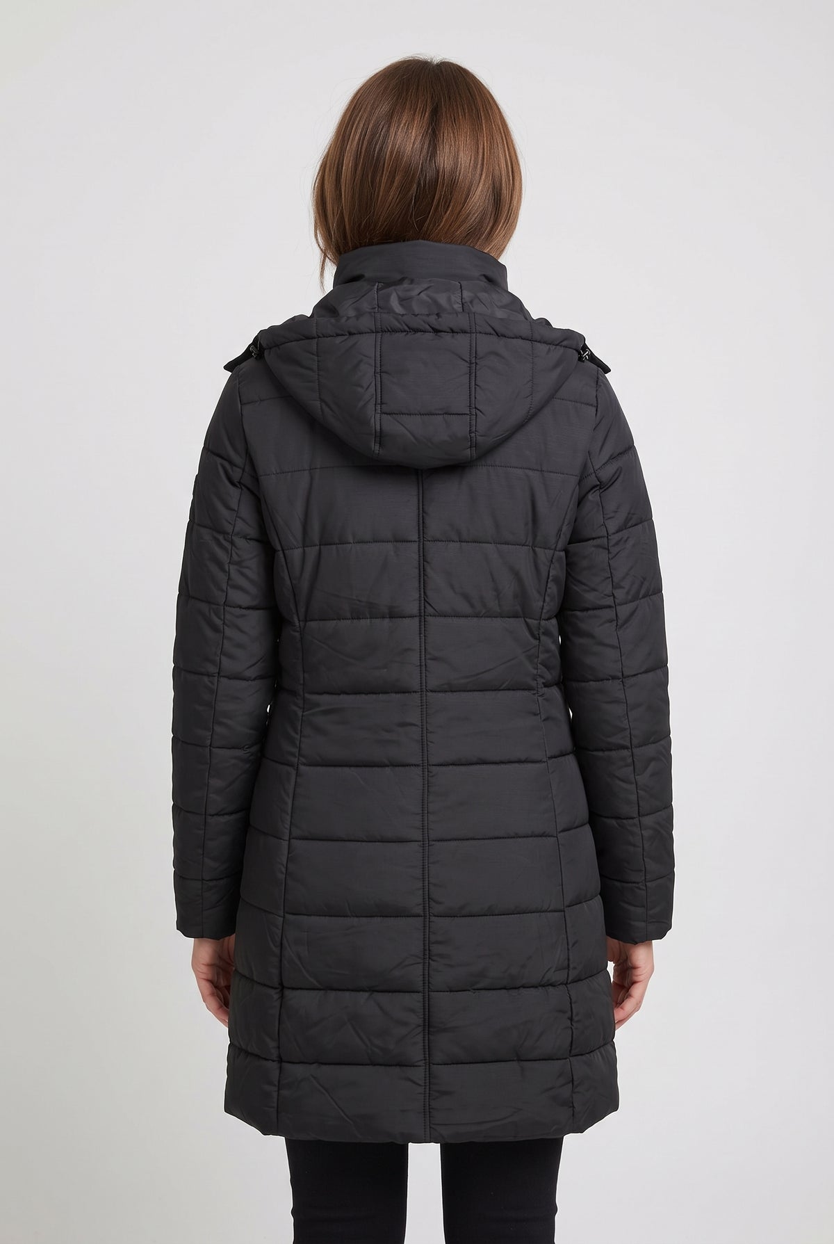Women's Puffer Coat | Quilted Longline with Funnel Neck - Black back