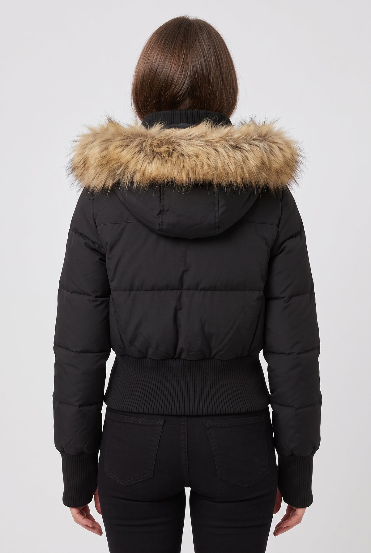 Women's Puffer Jacket | Cropped with Faux Fur Trim Hood - Black back