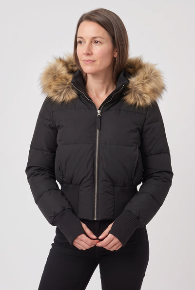 Women's Puffer Jacket | Cropped with Faux Fur Trim Hood - Black