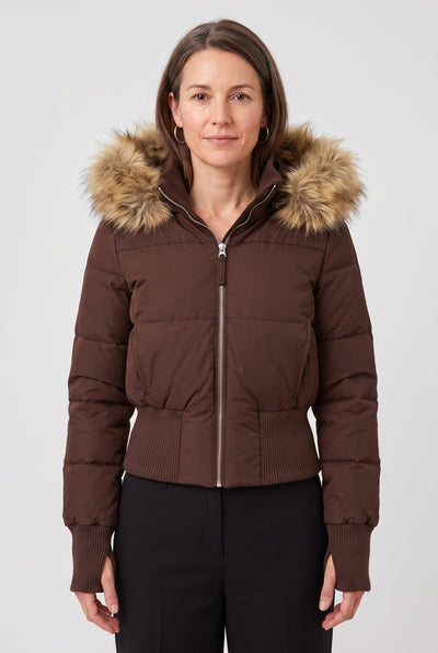 Women's Puffer Jacket | Cropped with Faux Fur Trim Hood - Brown