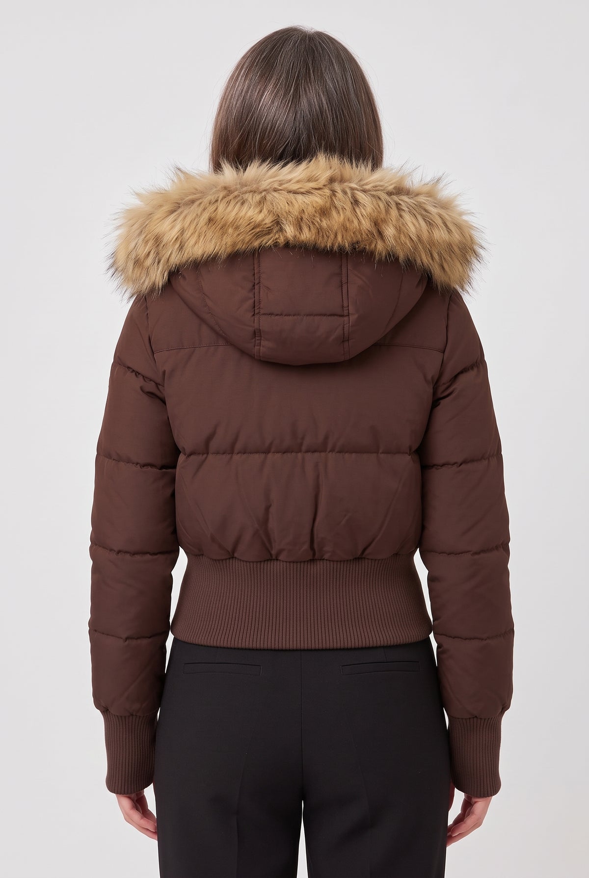 Women's Puffer Jacket | Cropped with Faux Fur Trim Hood - Brown back