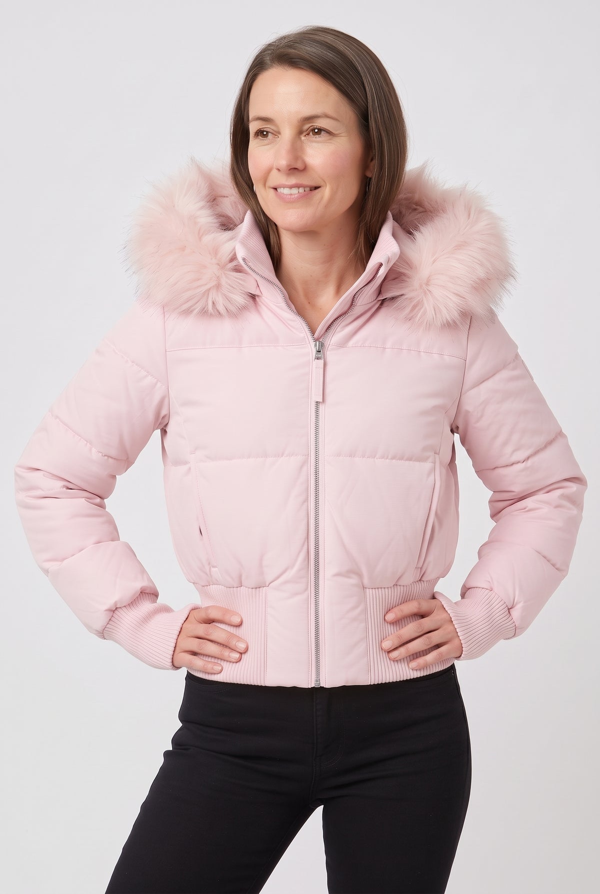 Women's Puffer Jacket | Cropped with Faux Fur Trim Hood - Pink