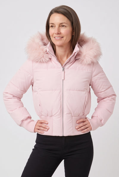 Women's Puffer Jacket | Cropped with Faux Fur Trim Hood - Pink