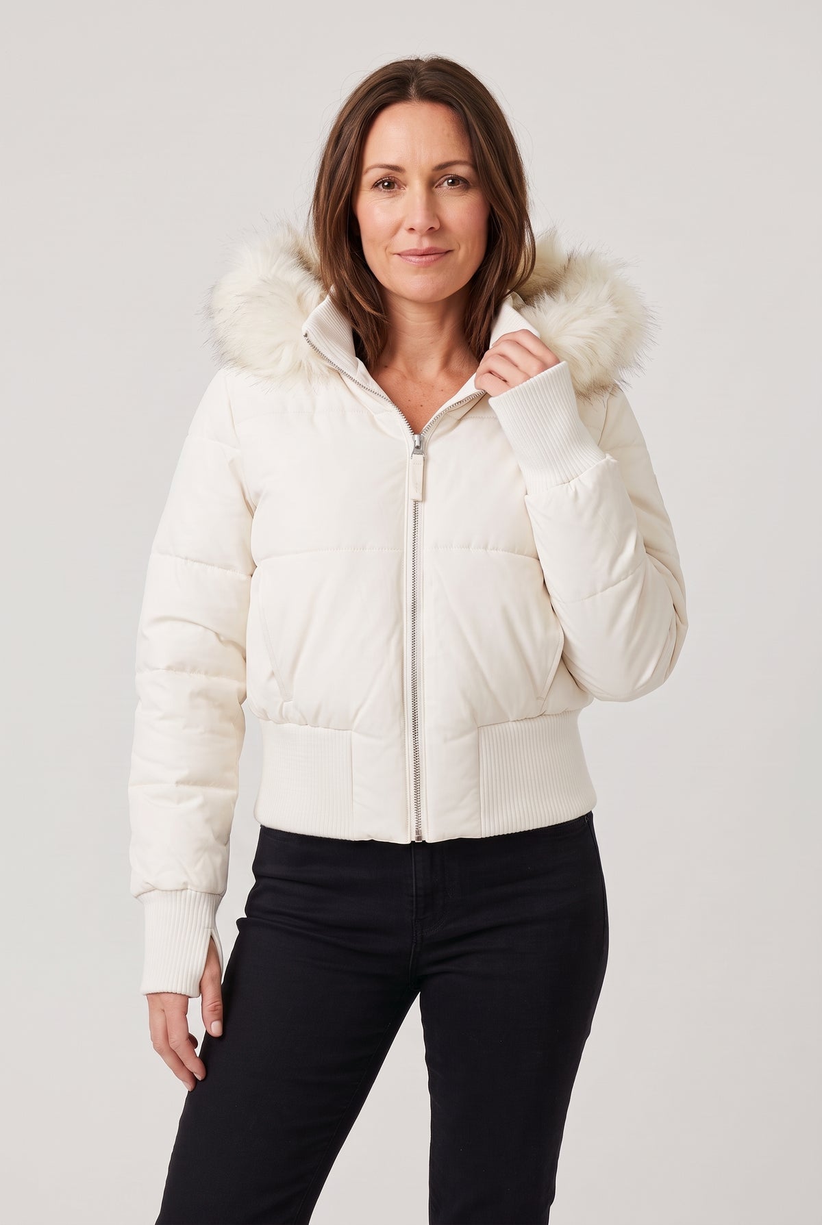Women's Puffer Jacket | Cropped with Faux Fur Trim Hood - White