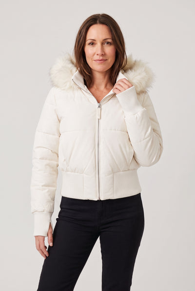 Women's Puffer Jacket | Cropped with Faux Fur Trim Hood - White