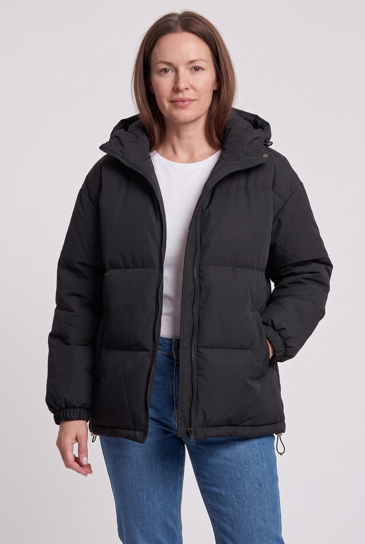 Women's Puffer Jacket | Hooded Boxy with Drawstring Hem - Black