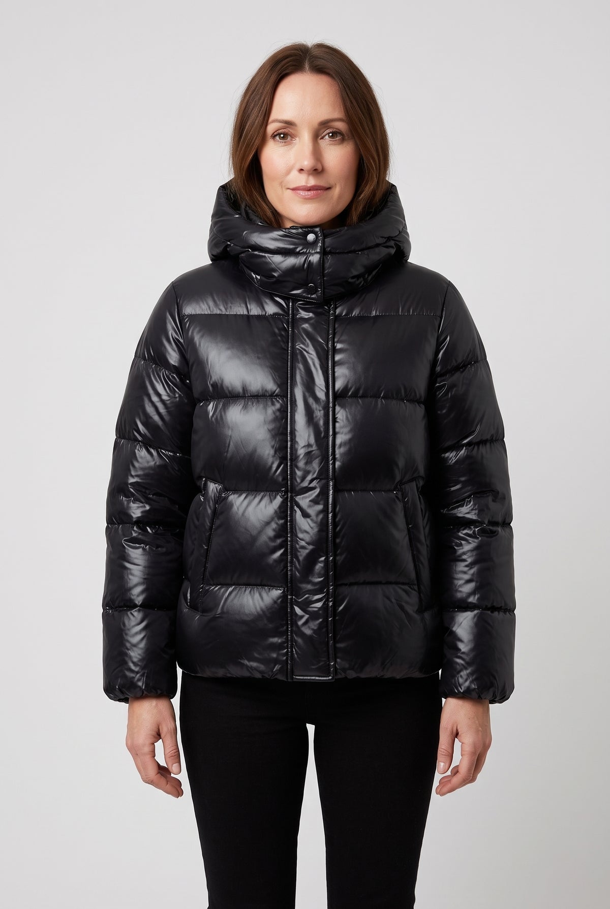 Women's Puffer Jacket | Hooded High-Shine - Black