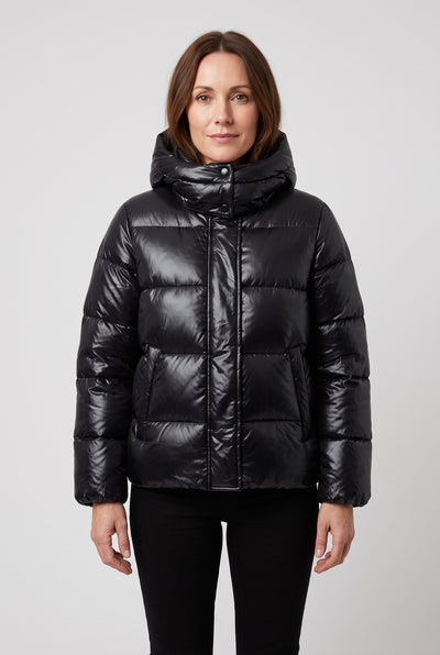 Women's Puffer Jacket | Hooded High-Shine - Black
