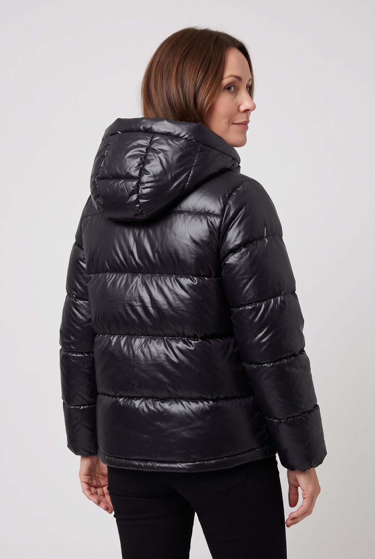 Women's Puffer Jacket | Hooded High-Shine - Black back