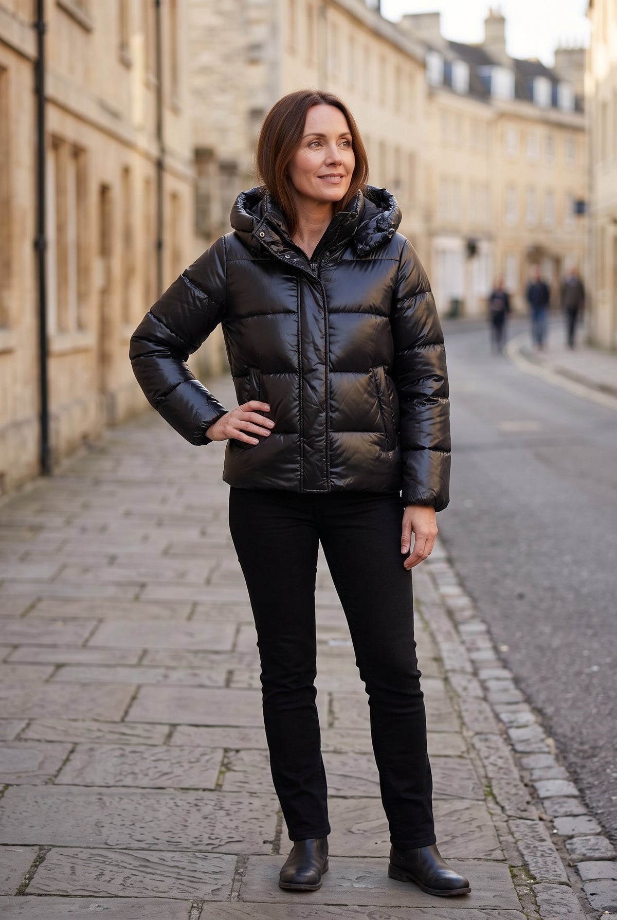Women's Puffer Jacket | Hooded High-Shine - Black lifestyle