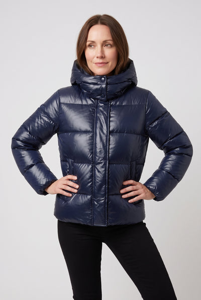 Women's Puffer Jacket | Hooded High-Shine - Navy
