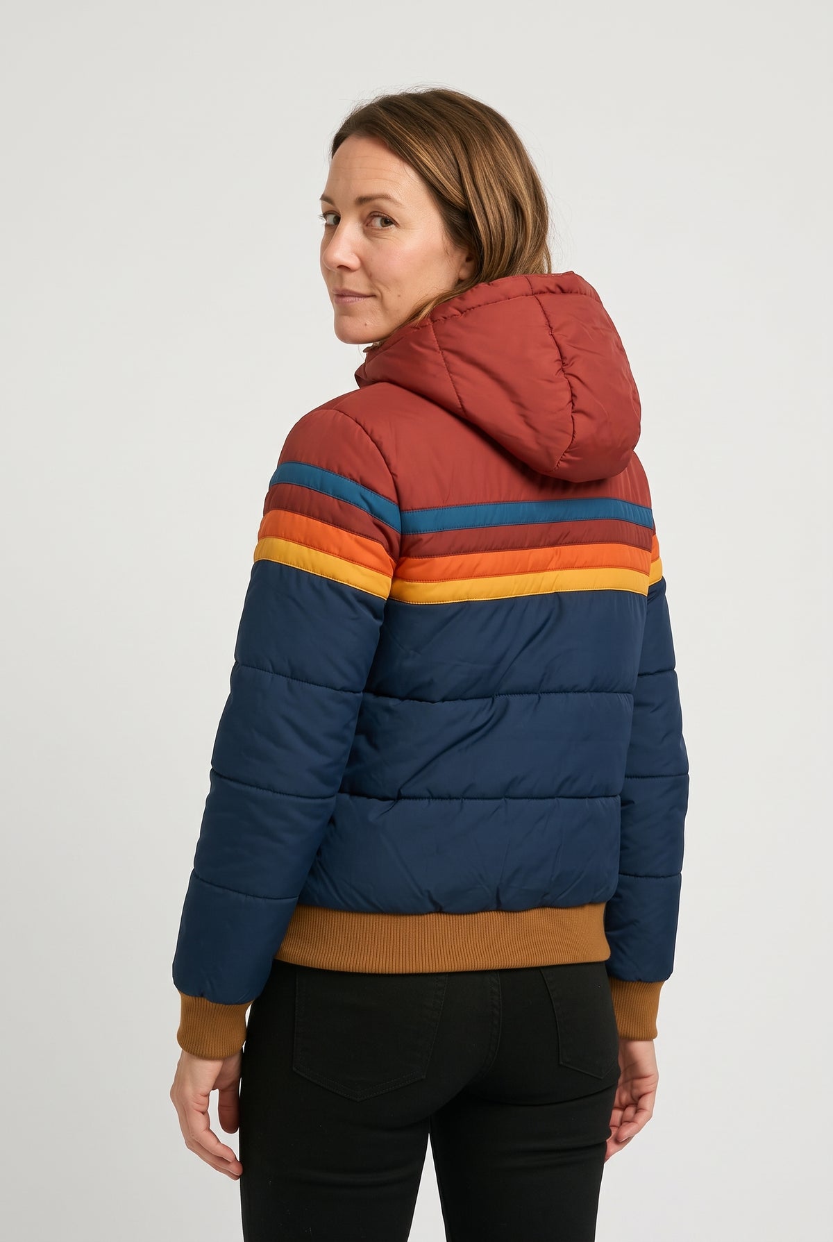 Women's Puffer Jacket | Retro Stripe Hooded Zip-Up - Navy back