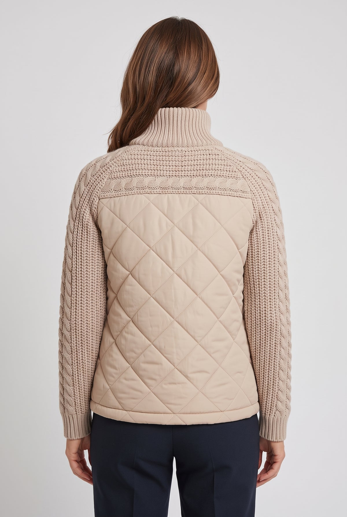 Women's Quilted Jacket | Cable Knit Sleeves with Funnel Neck - Beige back