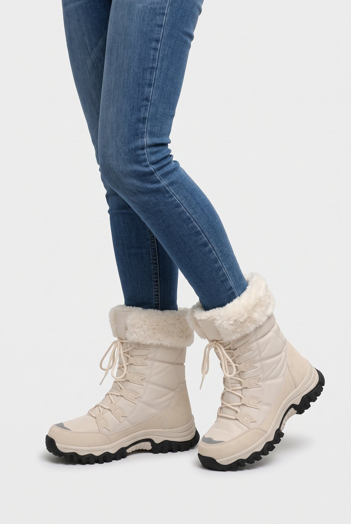 Women's Snow Boots | Faux Fur Cuff with Lace-Up Front - Cream worn