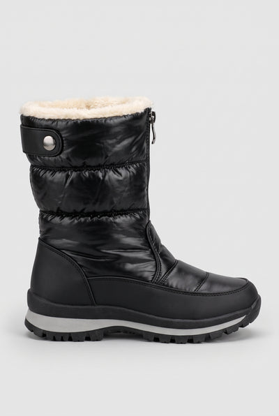 Women's Snow Boots | Quilted Faux Fur Lined with Side Zip - Black