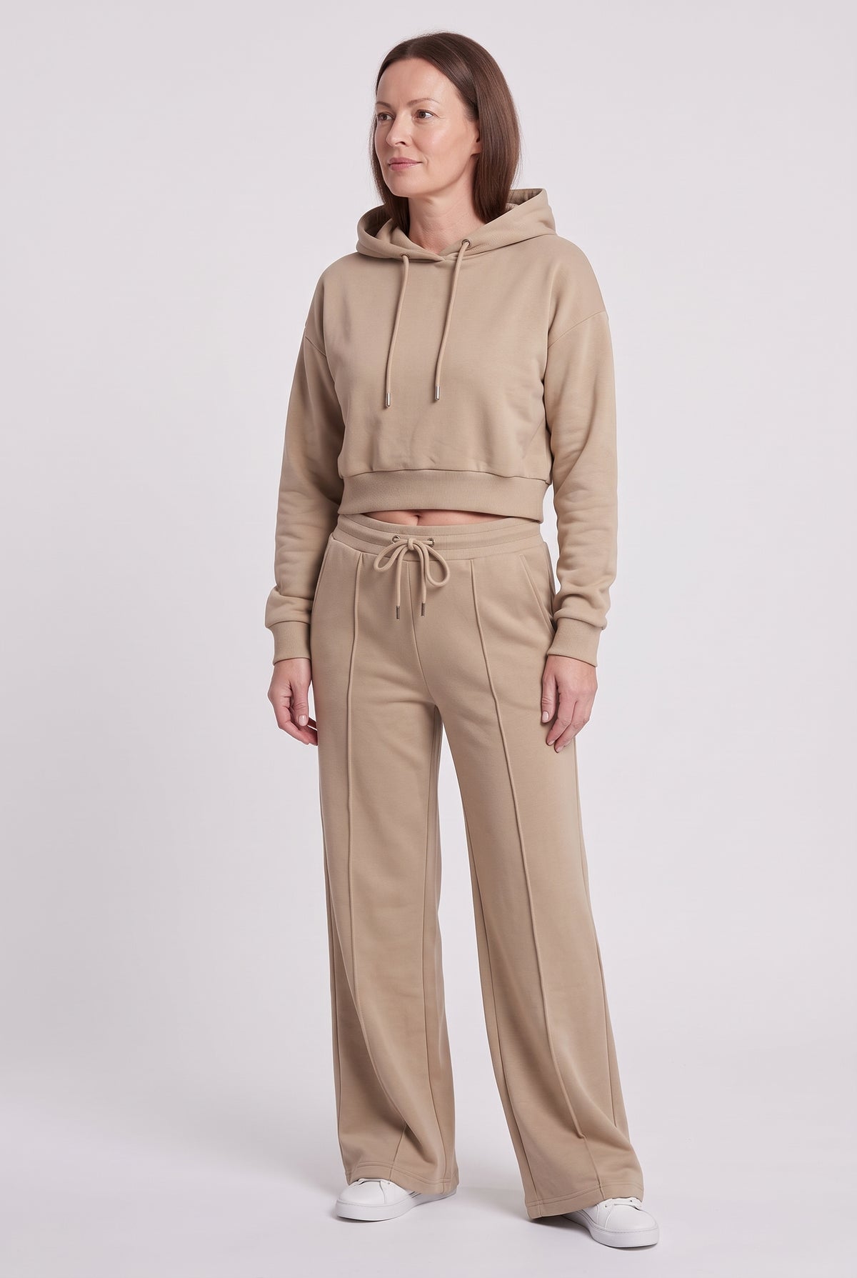 Women's Tracksuit | Cropped Hoodie with Wide Leg Joggers - Beige