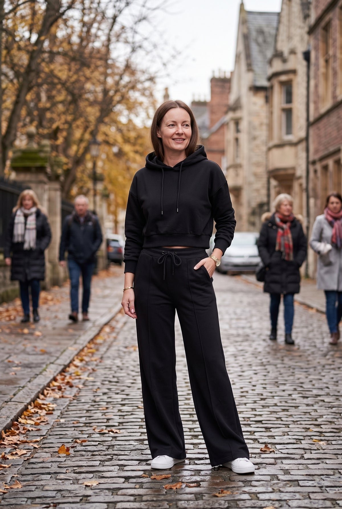 Women's Tracksuit | Cropped Hoodie with Wide Leg Joggers - Black lifestyle