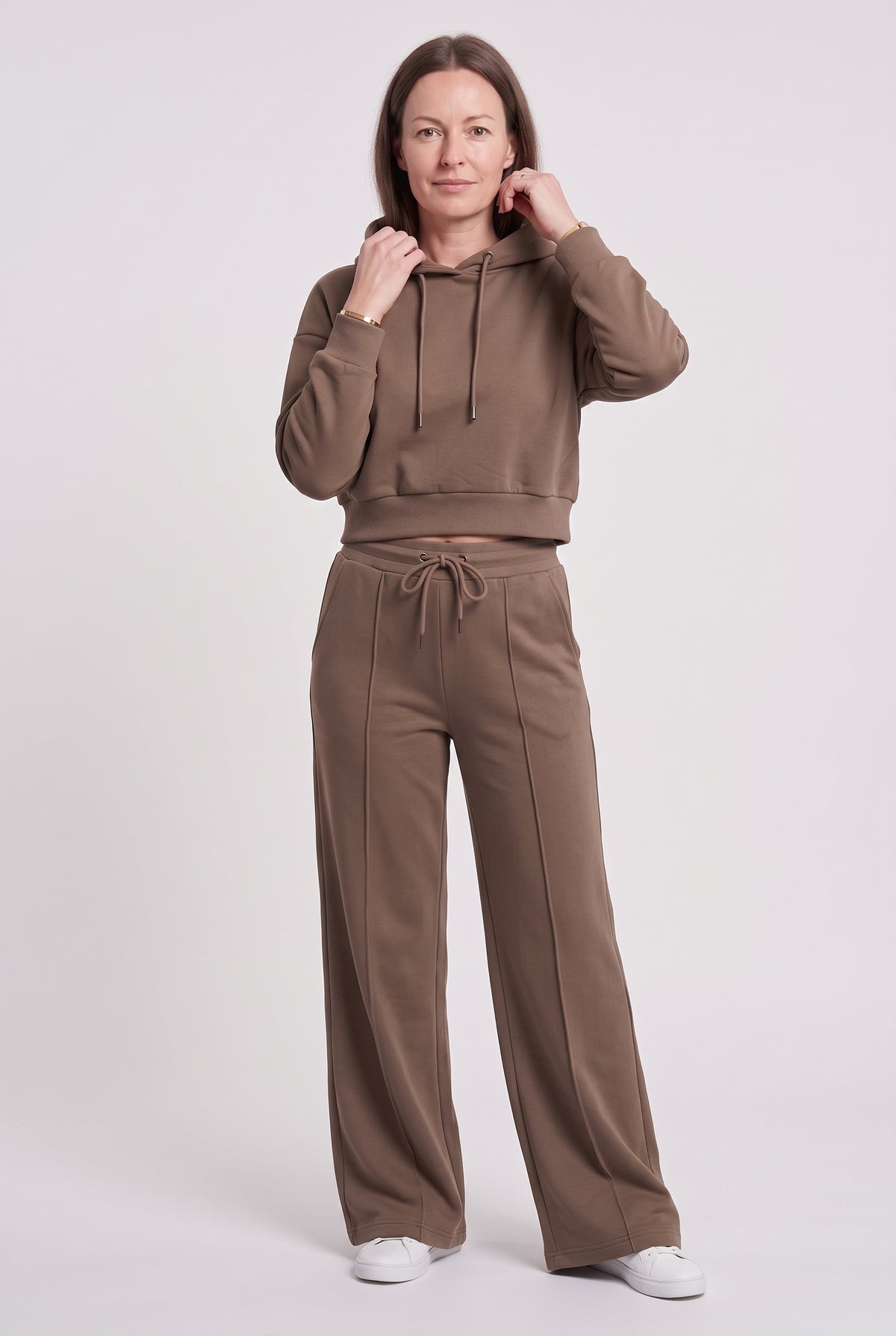 Women's Tracksuit | Cropped Hoodie with Wide Leg Joggers - Brown