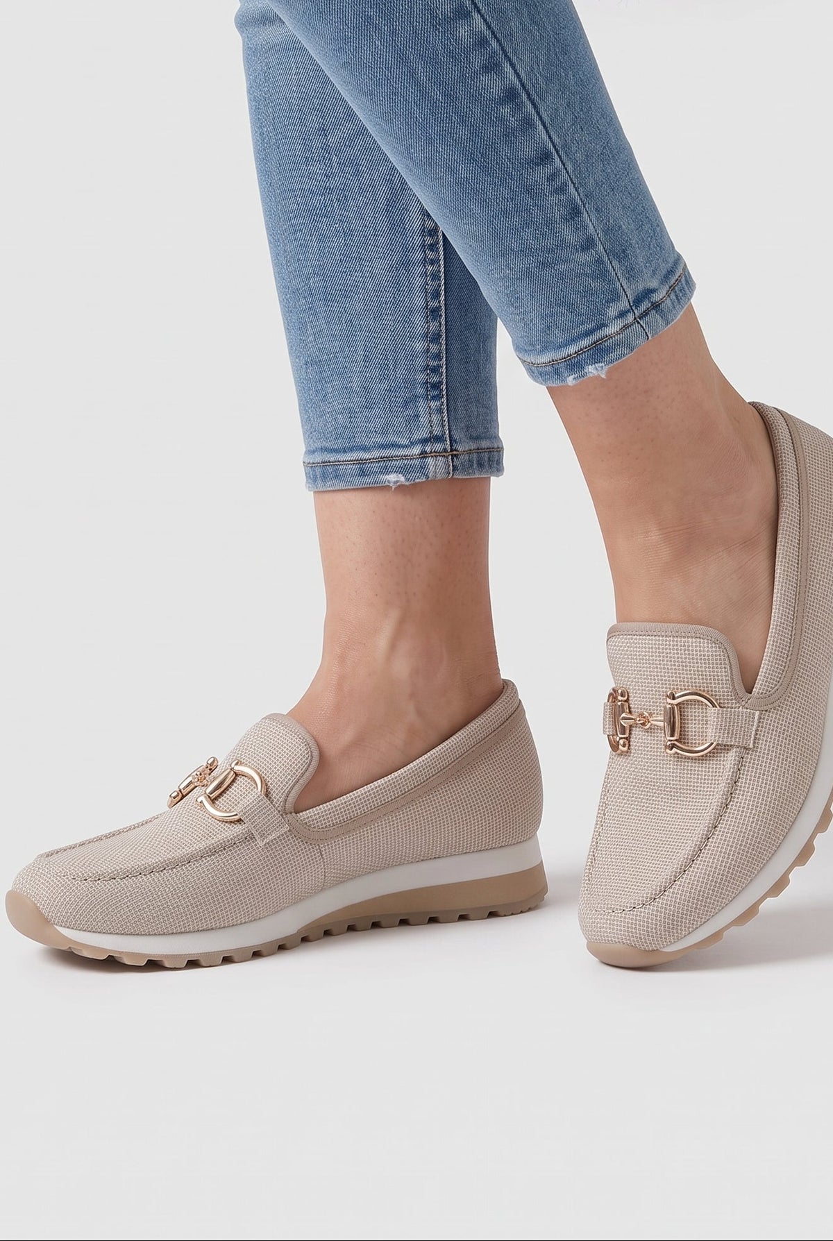 Women's Trainers | Loafer Style with Buckle Detail - Beige worn