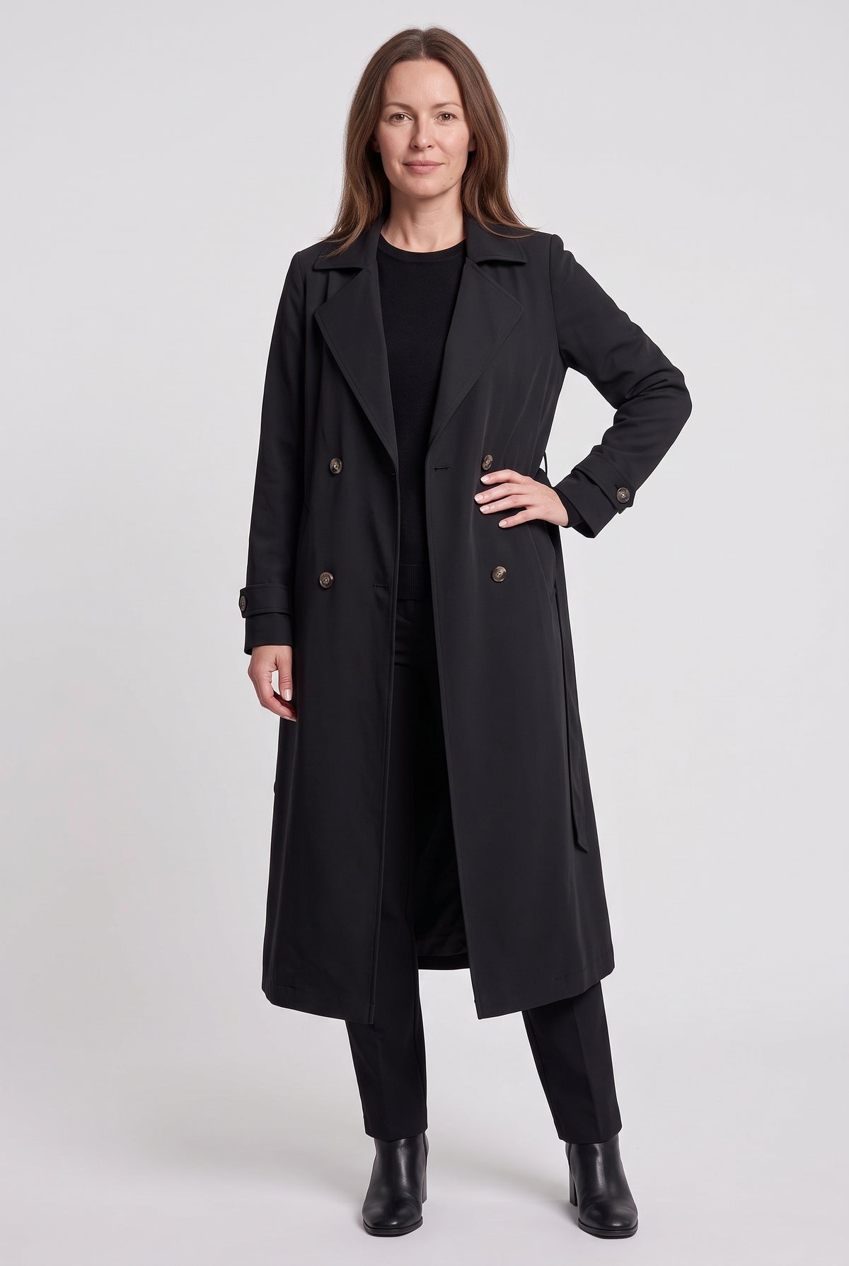 Women's Trench Coat | Maxi Belted with Notch Lapels - Black