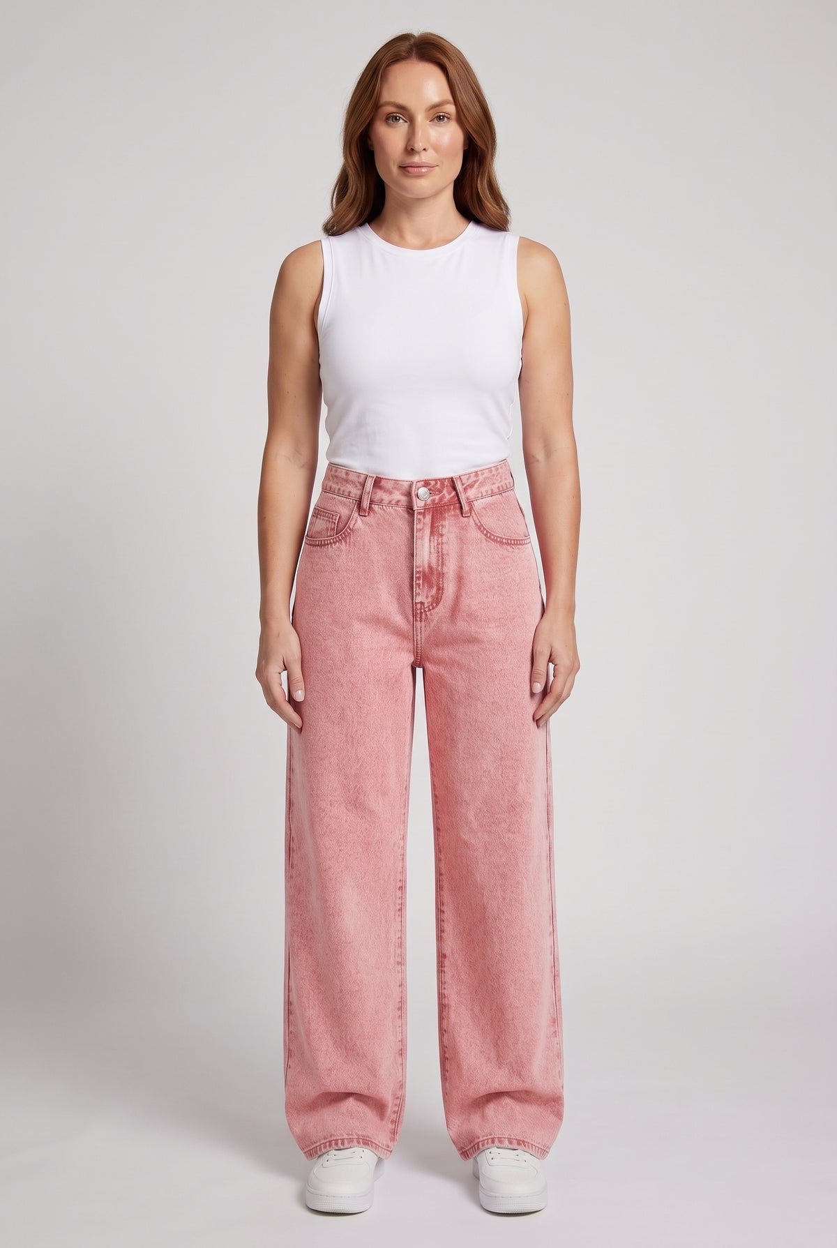 Women's Wide Leg Jeans | High Waisted Vintage Wash - Pink