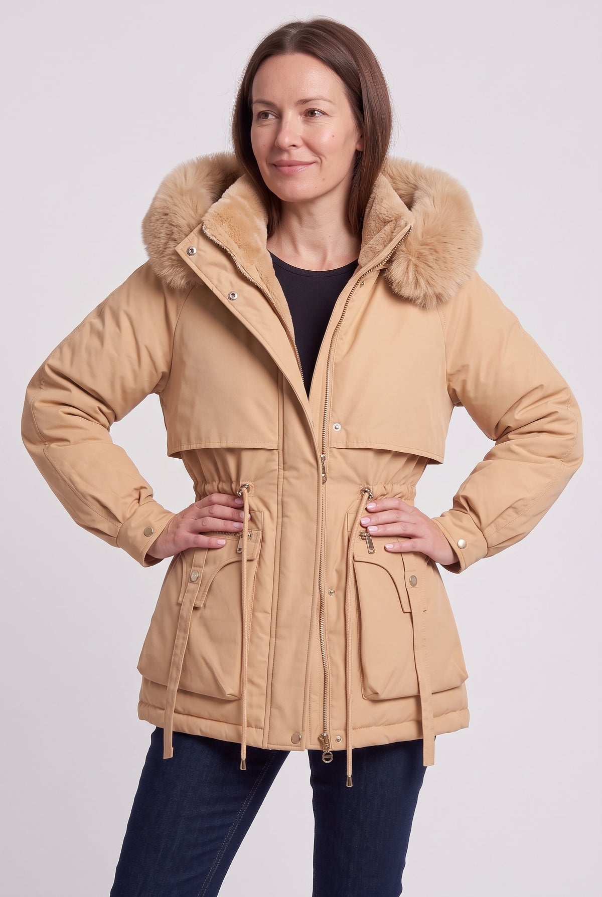 Women's Winter Jacket | Short Parka with Faux Fur Hood - Beige