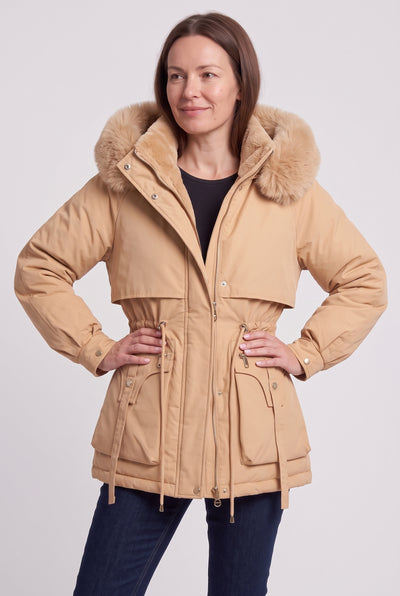 Women's Winter Jacket | Short Parka with Faux Fur Hood - Beige