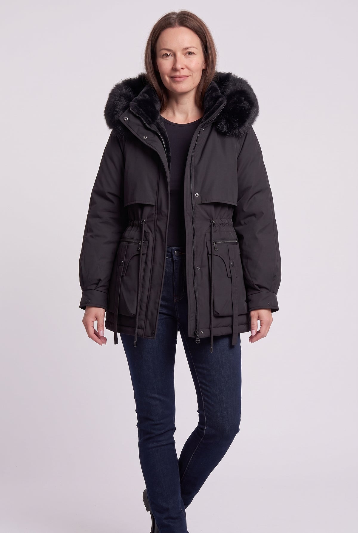 Women's Winter Jacket | Short Parka with Faux Fur Hood - Black