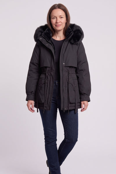 Women's Winter Jacket | Short Parka with Faux Fur Hood - Black