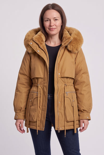 Women's Winter Jacket | Short Parka with Faux Fur Hood - Camel