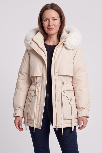 Women's Winter Jacket | Short Parka with Faux Fur Hood - Cream