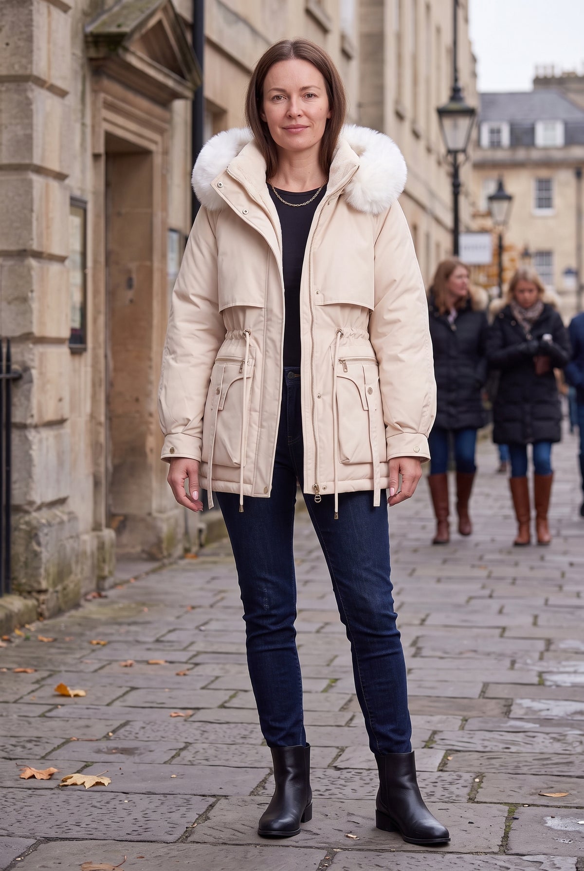 Women's Winter Jacket | Short Parka with Faux Fur Hood - Cream lifestyle